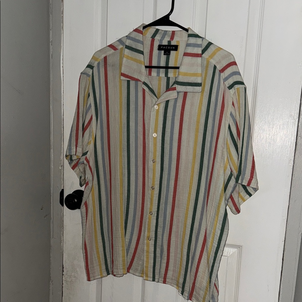 PacSun Men's Casual Striped Shirt - Red, Green, Yellow